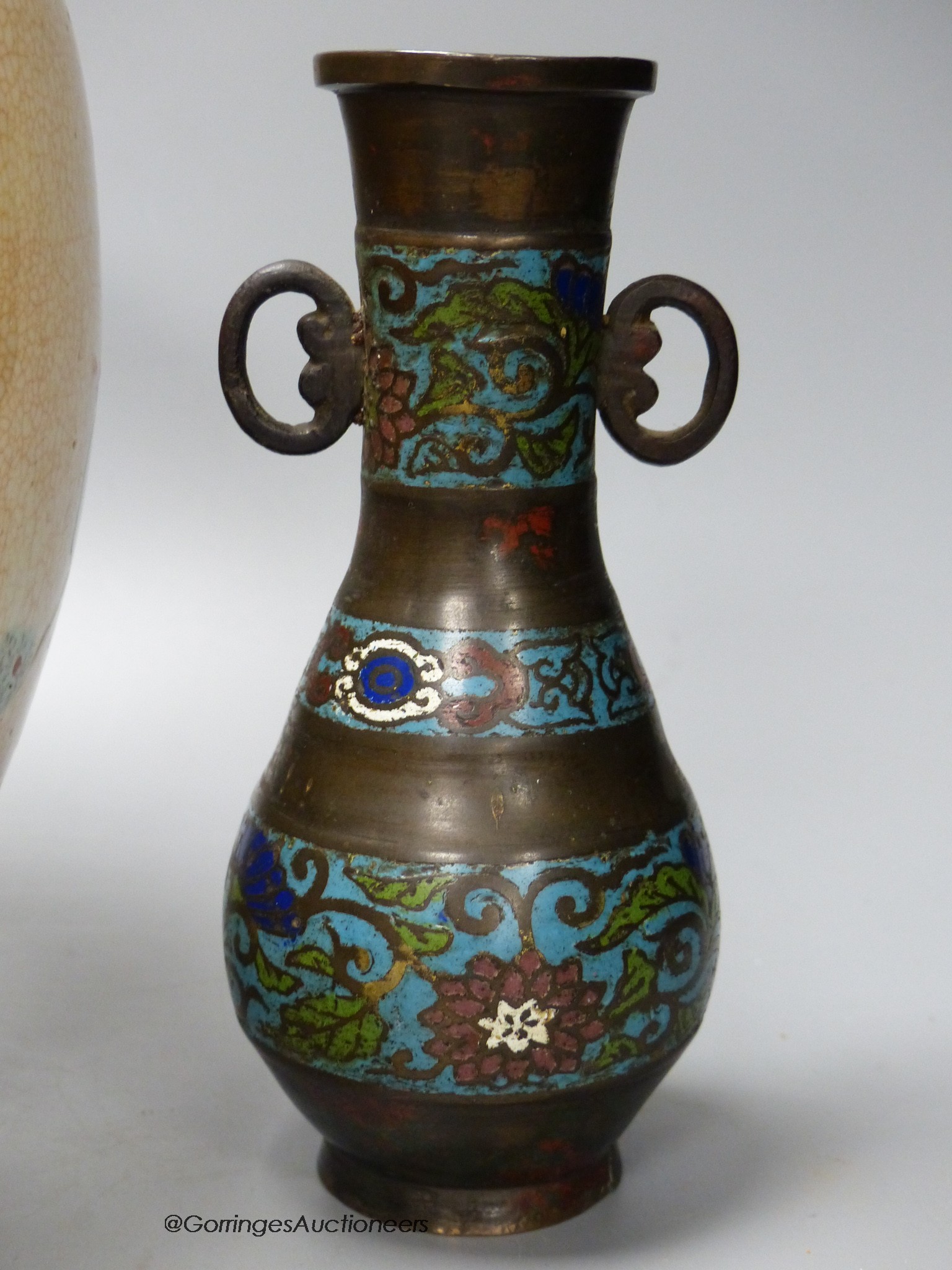 A large Chinese crackle glaze jar, height 24cm and a Japanese champleve enamel bronze vase